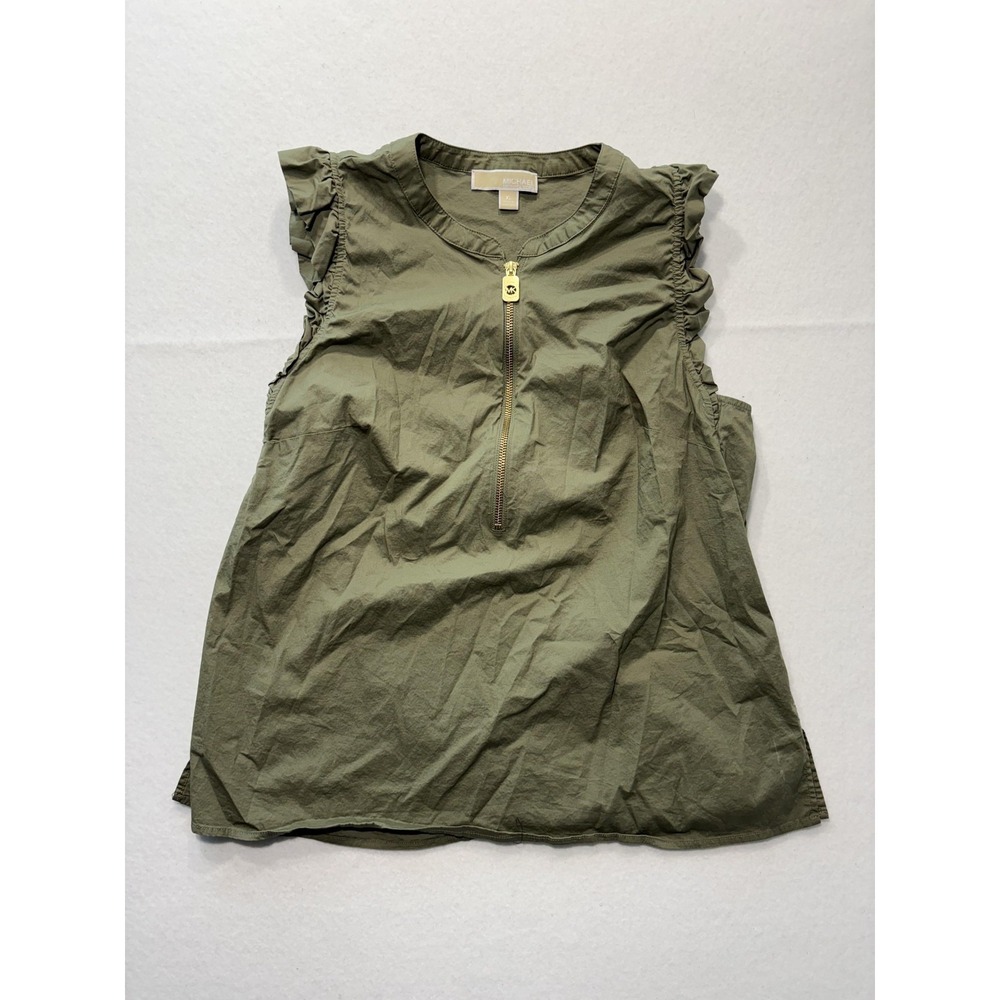 Michael Kors Blouse Womens XL Green Crew Neck Ruffle Sleeveless Half Zip Top